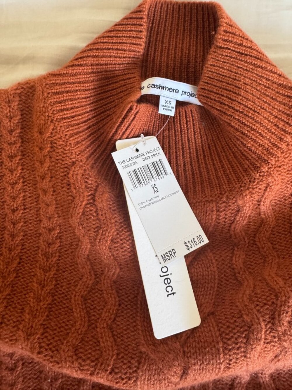NWT The Cashmere Project Cropped Cable Mockneck Sweater XS Deep Brick
